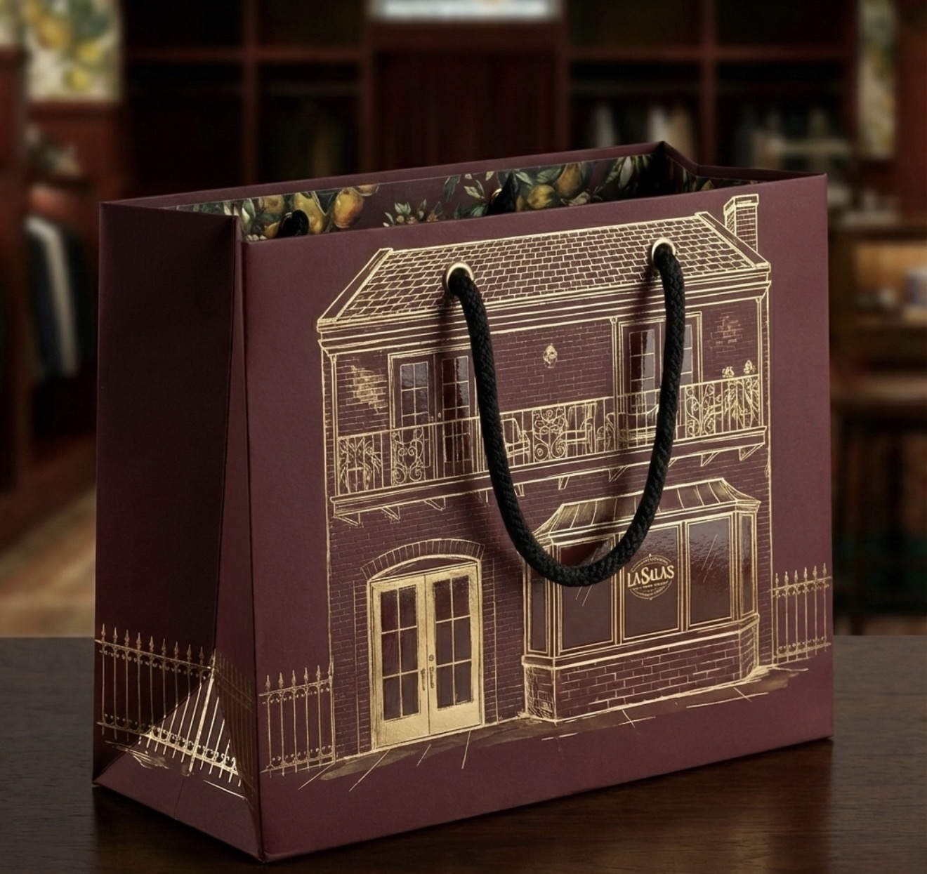 The Shop — LaSala's boutique shopping bag with gold foil storefront illustration